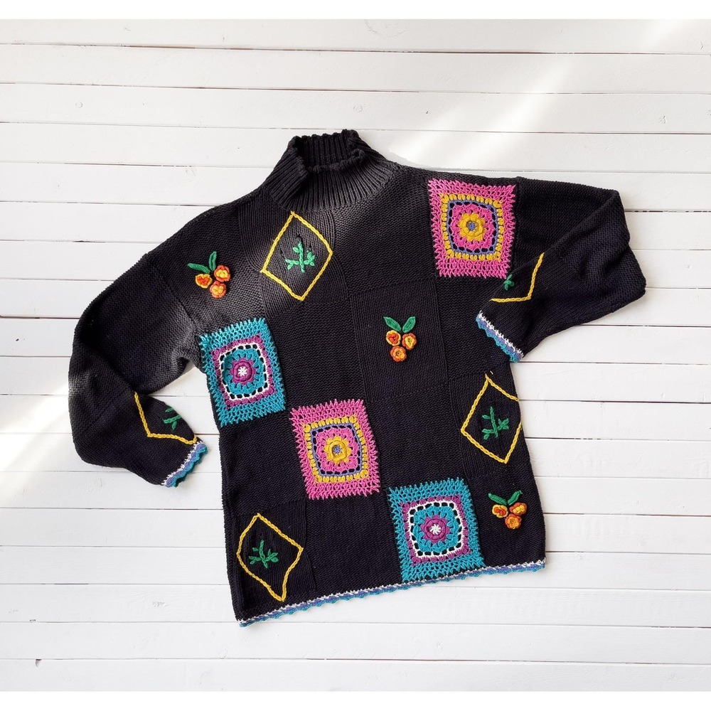 90s vtg black granny crochet patchwork‎ oversized mockneck sweater